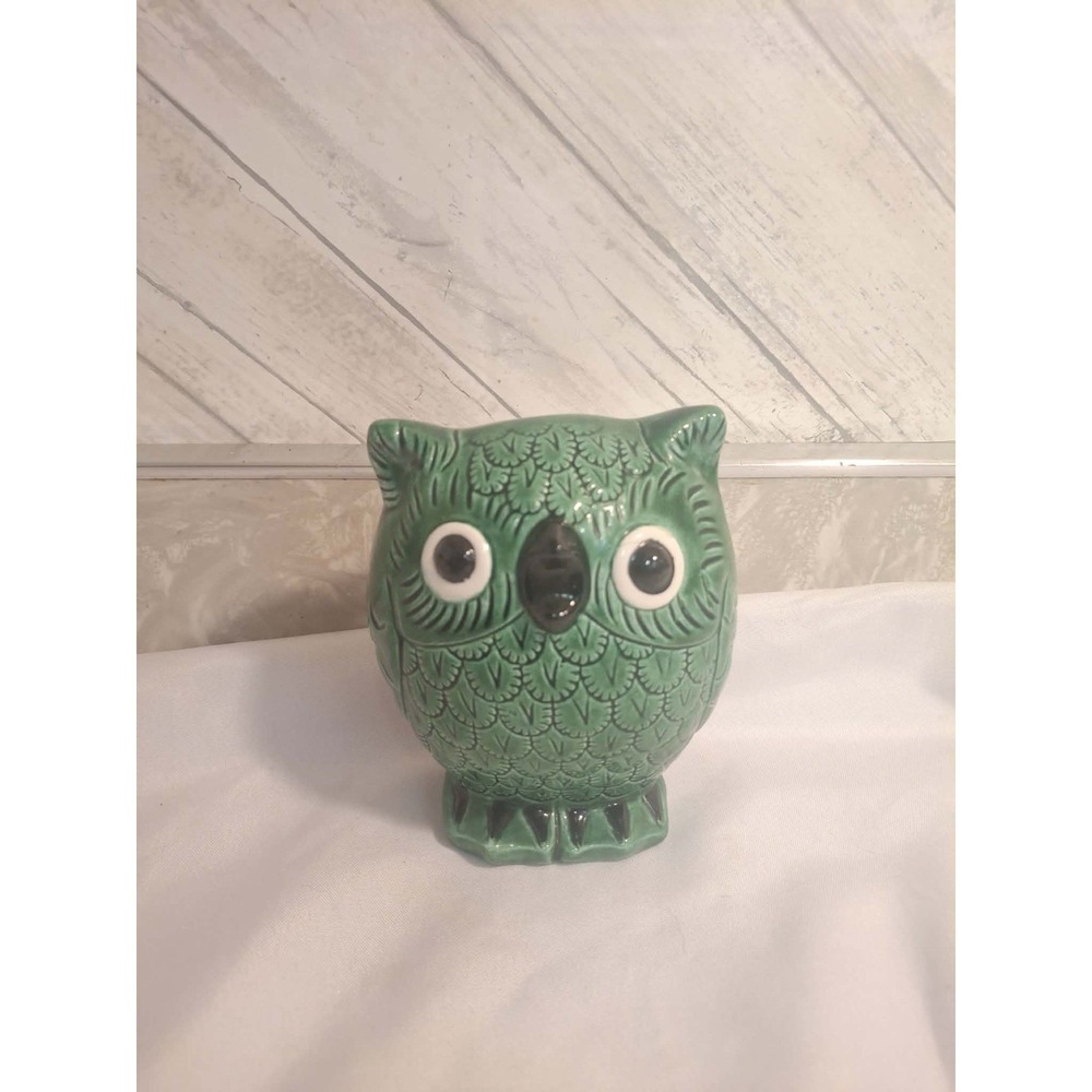Vintage Ceramic Owl Green Glaze Retro Mid Century Decor